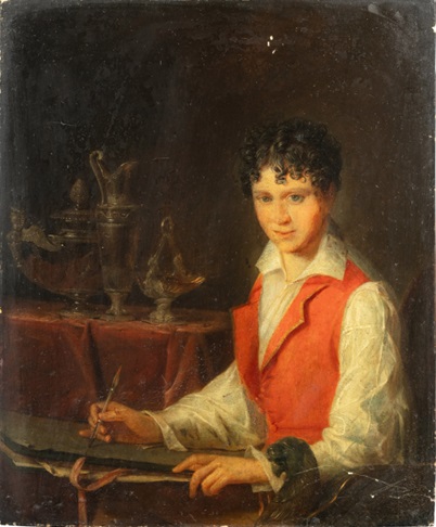 An Artist at Work (possibly Henri August?), ca. 1805, attributed to Martin Drolling (1752-1817)  Sotheby